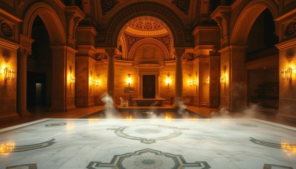 A traditional Turkish hammam bath, bathed in warm, golden light. In the foreground, a large marble slab with intricate tile patterns, steam rising from the surface. In the middle ground, ornate arched ceilings supported by grand, intricately carved columns. The background reveals a serene, tranquil space filled with the soft hues of stone and the gentle glow of wall sconces. The atmosphere exudes a timeless elegance, a fusion of ancient tradition and modern refinement. The scene conveys a sense of relaxation, rejuvenation, and the enduring allure of this cultural heritage. A traditional Turkish hammam bath, bathed in warm, golden light. In the foreground, a large marble slab with intricate tile patterns, steam rising from the surface. In the middle ground, ornate arched ceilings supported by grand, intricately carved columns. The background reveals a serene, tranquil space filled with the soft hues of stone and the gentle glow of wall sconces. The atmosphere exudes a timeless elegance, a fusion of ancient tradition and modern refinement. The scene conveys a sense of relaxation, rejuvenation, and the enduring allure of this cultural heritage.