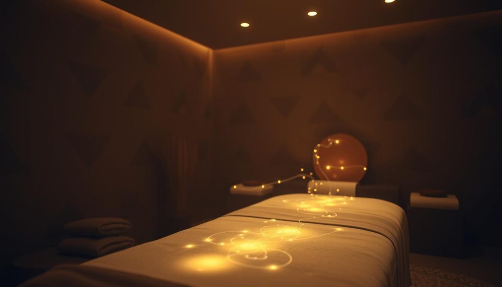 A tranquil, dimly lit spa room with soft, warm lighting illuminating a massage table. Delicate strands of energy emanate from the table, swirling and pulsing with a serene, otherworldly glow. The room is filled with the soothing scent of essential oils, and plush, luxurious textiles adorn the space. The camera angle captures the massage table at a slight diagonal, emphasizing the energetic flow and therapeutic atmosphere. Subtle, abstract geometric patterns dance across the walls, creating a sense of balance and harmony. The overall mood is one of deep relaxation, rejuvenation, and the powerful, restorative impact of massage techniques. A tranquil, dimly lit spa room with soft, warm lighting illuminating a massage table. Delicate strands of energy emanate from the table, swirling and pulsing with a serene, otherworldly glow. The room is filled with the soothing scent of essential oils, and plush, luxurious textiles adorn the space. The camera angle captures the massage table at a slight diagonal, emphasizing the energetic flow and therapeutic atmosphere. Subtle, abstract geometric patterns dance across the walls, creating a sense of balance and harmony. The overall mood is one of deep relaxation, rejuvenation, and the powerful, restorative impact of massage techniques.