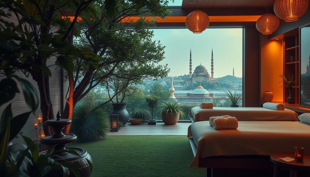 A tranquil sanctuary where Eastern and Western wellness traditions converge, bathed in warm, diffused lighting. In the foreground, a soothing meditation garden with lush greenery, calming water features, and incense-infused air. The middle ground showcases an inviting massage parlor, its interiors rich with natural wood, plush fabrics, and subtle Asian-inspired accents. In the background, the iconic domes and minarets of Istanbul's historic skyline, casting a serene glow. This harmonious fusion of ancient practices and modern comforts evokes a sense of holistic well-being, captivating the senses and transporting the viewer to a realm of restorative tranquility. A tranquil sanctuary where Eastern and Western wellness traditions converge, bathed in warm, diffused lighting. In the foreground, a soothing meditation garden with lush greenery, calming water features, and incense-infused air. The middle ground showcases an inviting massage parlor, its interiors rich with natural wood, plush fabrics, and subtle Asian-inspired accents. In the background, the iconic domes and minarets of Istanbul's historic skyline, casting a serene glow. This harmonious fusion of ancient practices and modern comforts evokes a sense of holistic well-being, captivating the senses and transporting the viewer to a realm of restorative tranquility.