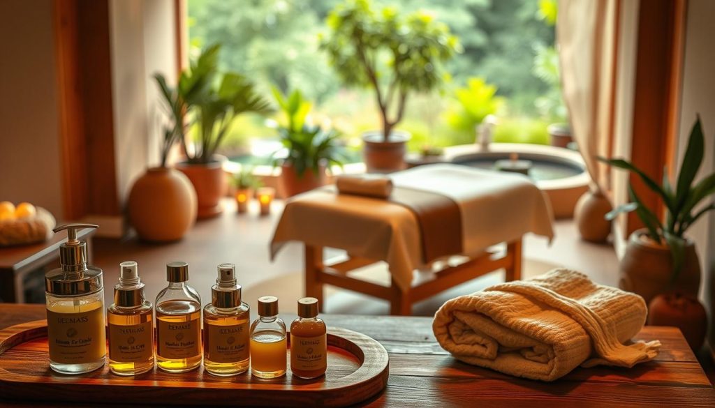 A tranquil spa setting, bathed in soft, warm lighting. In the foreground, a selection of natural oils, lotions, and fragrances arranged invitingly on a wooden table. Plush towels and a fluffy robe hint at the comforts to come. The middle ground features a cozy, earthy-toned treatment room, with a massage table draped in luxurious linens. Potted plants and subtle decorative touches evoke a soothing, serene atmosphere. In the background, a serene landscape with lush greenery and a calming water feature, creating a sense of escape and relaxation. This image conveys the perfect sanctuary for a rejuvenating Fatih massage experience, offering respite from stress and a path to better sleep. A tranquil spa setting, bathed in soft, warm lighting. In the foreground, a selection of natural oils, lotions, and fragrances arranged invitingly on a wooden table. Plush towels and a fluffy robe hint at the comforts to come. The middle ground features a cozy, earthy-toned treatment room, with a massage table draped in luxurious linens. Potted plants and subtle decorative touches evoke a soothing, serene atmosphere. In the background, a serene landscape with lush greenery and a calming water feature, creating a sense of escape and relaxation. This image conveys the perfect sanctuary for a rejuvenating Fatih massage experience, offering respite from stress and a path to better sleep.