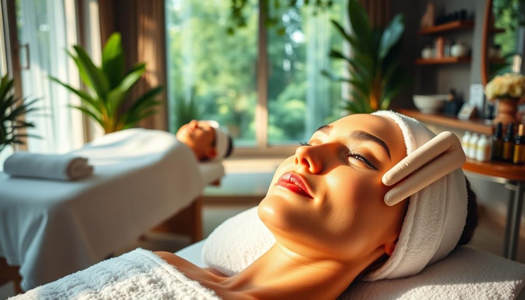 A vibrant spa setting in Istanbul, with serene massage tables surrounded by lush greenery and natural light filtering through large windows. Plush towels, essential oils, and a variety of beauty treatments on display, creating a relaxing and rejuvenating atmosphere. The focus is on radiant, healthy skin, with a close-up view of a woman's face receiving a luxurious facial treatment, her complexion glowing with a natural, luminous finish. The lighting is soft and warm, accentuating the tranquil, spa-like ambiance. The overall scene evokes a sense of pampering, relaxation, and a focus on well-being and beauty. A vibrant spa setting in Istanbul, with serene massage tables surrounded by lush greenery and natural light filtering through large windows. Plush towels, essential oils, and a variety of beauty treatments on display, creating a relaxing and rejuvenating atmosphere. The focus is on radiant, healthy skin, with a close-up view of a woman's face receiving a luxurious facial treatment, her complexion glowing with a natural, luminous finish. The lighting is soft and warm, accentuating the tranquil, spa-like ambiance. The overall scene evokes a sense of pampering, relaxation, and a focus on well-being and beauty.