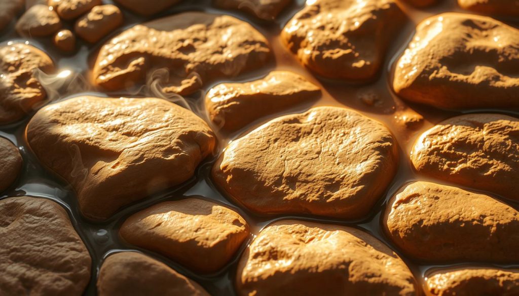 A warm, sun-dappled stone surface, gently circulating with heat and energy. Smooth, weathered rocks in shades of amber and ochre, arranged in a soothing, organic pattern. Soft shadows play across the undulating textures, creating a mesmerizing, almost tactile effect. Wisps of steam rise from the stones, infusing the air with the calming scent of essential oils. The lighting is soft and diffuse, creating a peaceful, tranquil atmosphere. A macro lens captures the intricate details, inviting the viewer to immerse themselves in the restorative warmth and natural rhythms of this serene, meditative scene.