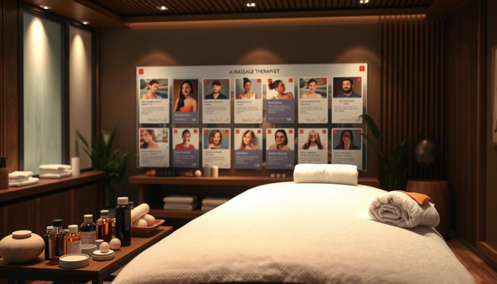 A well-lit, high-resolution image of a professional massage therapist selection with a warm, inviting atmosphere. In the foreground, various massage tools and accessories are neatly arranged, including massage oils, towels, and a plush massage table. The middle ground features a selection of massage therapist profiles, showcasing their certifications, expertise, and specialties. The background depicts a serene, spa-like setting with soft lighting, soothing colors, and calming natural elements like plants or water features. The overall composition conveys a sense of professionalism, expertise, and the care taken in selecting the right massage therapist to meet the client's needs.