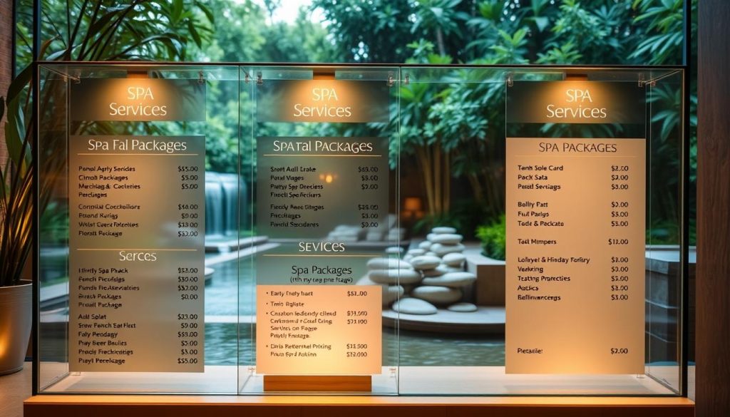 A well-lit, transparent glass display showcasing various spa packages and pricing options, with a serene, natural background of lush greenery and a soothing water feature. The display is presented in a sleek, modern design, allowing the customer to clearly see and understand the different service offerings and associated costs. The lighting is warm and inviting, creating a calming atmosphere. The overall composition emphasizes the transparency and clarity of the pricing information, reflecting the "Transparent Prices and What You Get" section title. A well-lit, transparent glass display showcasing various spa packages and pricing options, with a serene, natural background of lush greenery and a soothing water feature. The display is presented in a sleek, modern design, allowing the customer to clearly see and understand the different service offerings and associated costs. The lighting is warm and inviting, creating a calming atmosphere. The overall composition emphasizes the transparency and clarity of the pricing information, reflecting the "Transparent Prices and What You Get" section title.