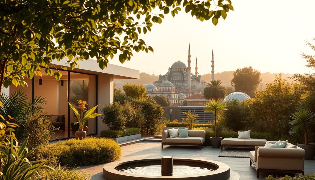 An idyllic Istanbul wellness center nestled in a lush urban oasis, bathed in warm golden light filtering through verdant foliage. The foreground features a tranquil courtyard with a soothing water feature and an inviting lounge area with plush, contemporary furnishings. The middle ground showcases the sleek, modern architecture of the wellness center, with clean lines and large windows offering glimpses of the relaxing treatments within. In the background, the iconic domes and minarets of Istanbul's historic skyline rise majestically, creating a harmonious blend of traditional and contemporary elements. An atmosphere of serene sophistication pervades the scene, capturing the essence of the rising trends in Istanbul's thriving massage services industry. An idyllic Istanbul wellness center nestled in a lush urban oasis, bathed in warm golden light filtering through verdant foliage. The foreground features a tranquil courtyard with a soothing water feature and an inviting lounge area with plush, contemporary furnishings. The middle ground showcases the sleek, modern architecture of the wellness center, with clean lines and large windows offering glimpses of the relaxing treatments within. In the background, the iconic domes and minarets of Istanbul's historic skyline rise majestically, creating a harmonious blend of traditional and contemporary elements. An atmosphere of serene sophistication pervades the scene, capturing the essence of the rising trends in Istanbul's thriving massage services industry.
