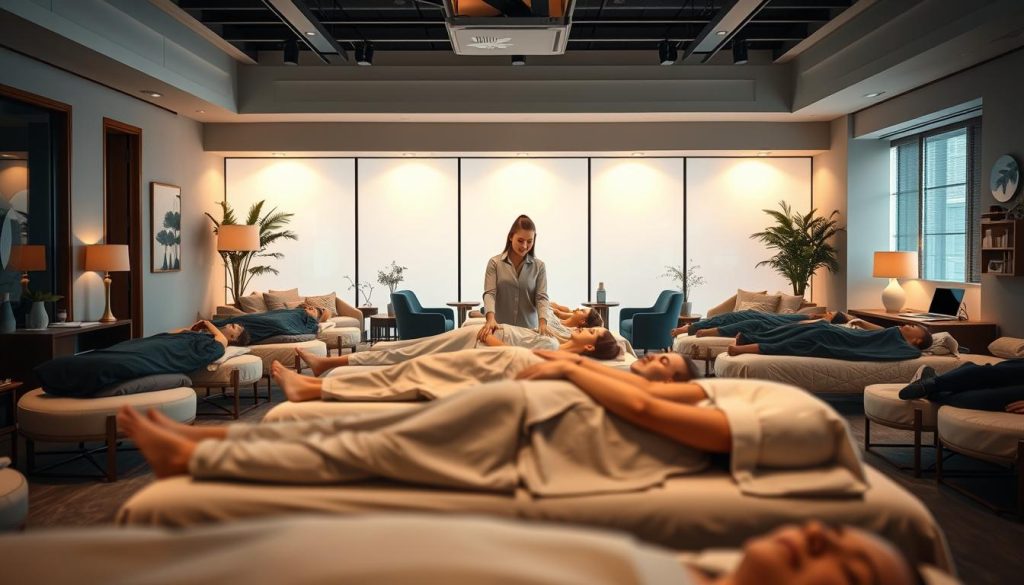 An office setting with a team of employees receiving corporate VIP massage treatments. The foreground features a group of relaxed employees reclining on massage tables, while in the middle ground, a massage therapist attends to them with a soothing, professional demeanor. The background showcases a tranquil, well-appointed corporate lounge with plush furnishings and calming decor, creating an atmosphere of wellness and rejuvenation. The lighting is soft and warm, enhancing the serene ambiance. The scene conveys a sense of corporate well-being, where employee health and alignment are prioritized. An office setting with a team of employees receiving corporate VIP massage treatments. The foreground features a group of relaxed employees reclining on massage tables, while in the middle ground, a massage therapist attends to them with a soothing, professional demeanor. The background showcases a tranquil, well-appointed corporate lounge with plush furnishings and calming decor, creating an atmosphere of wellness and rejuvenation. The lighting is soft and warm, enhancing the serene ambiance. The scene conveys a sense of corporate well-being, where employee health and alignment are prioritized.