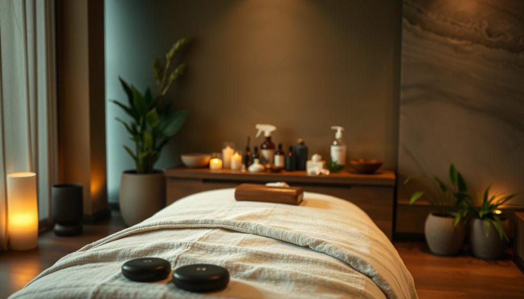 Massage techniques: A serene, dimly lit room with soft, warm lighting casting a tranquil glow. In the foreground, a massage table draped in luxurious linens, surrounded by natural elements like river stones, bamboo, and lush greenery. In the middle ground, various massage tools and oils neatly arranged, hinting at the variety of techniques to be employed. The background features soothing, abstract patterns and textures, creating a peaceful, spa-like ambiance. The overall atmosphere evokes a sense of relaxation, rejuvenation, and therapeutic care. Massage techniques: A serene, dimly lit room with soft, warm lighting casting a tranquil glow. In the foreground, a massage table draped in luxurious linens, surrounded by natural elements like river stones, bamboo, and lush greenery. In the middle ground, various massage tools and oils neatly arranged, hinting at the variety of techniques to be employed. The background features soothing, abstract patterns and textures, creating a peaceful, spa-like ambiance. The overall atmosphere evokes a sense of relaxation, rejuvenation, and therapeutic care.