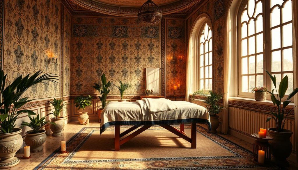 Serene massage therapy session in the heart of Istanbul's old city. An exquisitely decorated room with ornate Turkish tiles, plush fabrics, and soft lighting. A massage table in the center, surrounded by potted plants and candles, creating a calming, spa-like ambiance. Warm, diffused light filters through large windows, casting a soothing glow. The scene evokes a sense of relaxation, restoration, and the restorative power of touch. The overall composition highlights the benefits of regular massage for men's health - rejuvenation, stress relief, and holistic well-being.