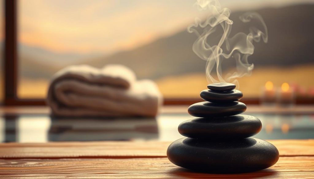 Warm, calming scene of a serene spa setting. In the foreground, a stack of smooth, dark river stones rests on a wooden table, emitting a gentle glow. Wisps of steam rise from the stones, creating a hazy, atmospheric effect. In the middle ground, a plush, oversized towel lies folded, inviting touch and comfort. The background features a blurred, calming landscape of soft, earthy tones, suggesting a secluded, natural environment. Soft, diffused lighting illuminates the scene, creating a tranquil, restorative ambiance. The overall mood is one of relaxation, soothing warmth, and the promise of rejuvenation.