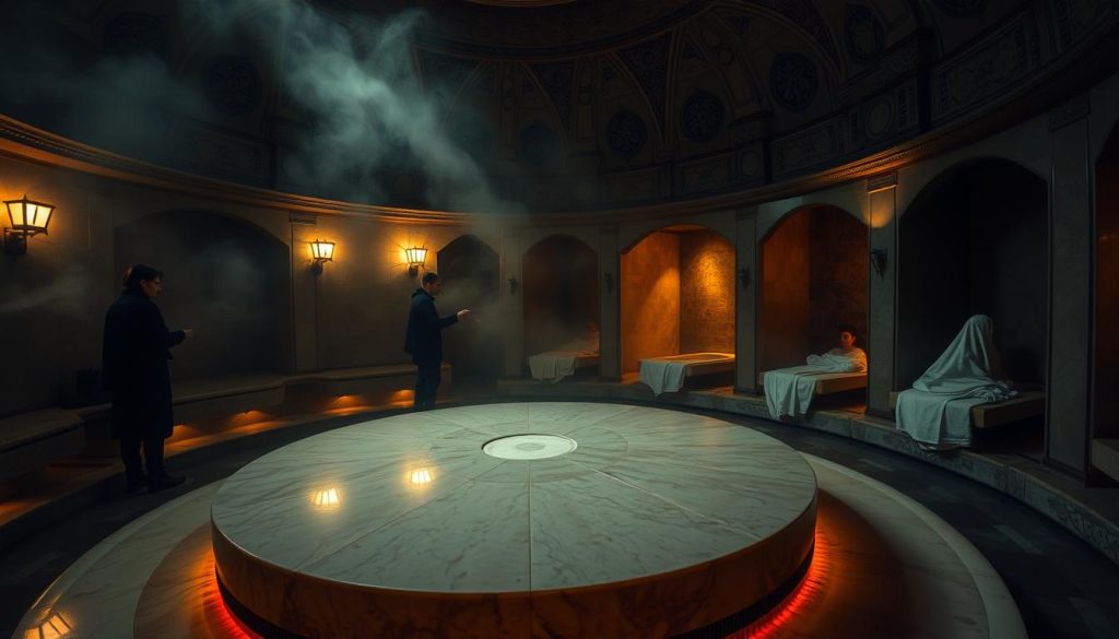 a dimly lit, traditional Turkish hammam (bathhouse) interior, with steam-filled domed ceilings, ornate tile patterns, and warm, ambient lighting. In the foreground, a large, heated central marble platform, where visitors can relax and receive treatments. In the middle ground, attendants performing the classic hammam rituals, including exfoliating with a kese (scrubbing mitt) and applying soap-based foam. The background features private washing and bathing alcoves, with bathers wrapped in traditional peştemal (towels). The scene conveys a sense of timeless, calming tranquility and immersion in the age-old hammam experience.