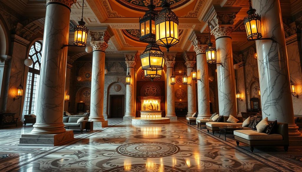 a luxurious Turkish hammam-style interior of the Victory Spa in Istanbul, featuring grand marble columns, intricate mosaic tile floors, and ornate lanterns casting a warm, ambient glow; a tranquil oasis with plush lounge seating and ornate textiles, creating an atmosphere of relaxation and rejuvenation; the scene is captured from a low angle, highlighting the grand scale and opulent design elements of this renowned spa destination popular among foreign tourists. a luxurious Turkish hammam-style interior of the Victory Spa in Istanbul, featuring grand marble columns, intricate mosaic tile floors, and ornate lanterns casting a warm, ambient glow; a tranquil oasis with plush lounge seating and ornate textiles, creating an atmosphere of relaxation and rejuvenation; the scene is captured from a low angle, highlighting the grand scale and opulent design elements of this renowned spa destination popular among foreign tourists.