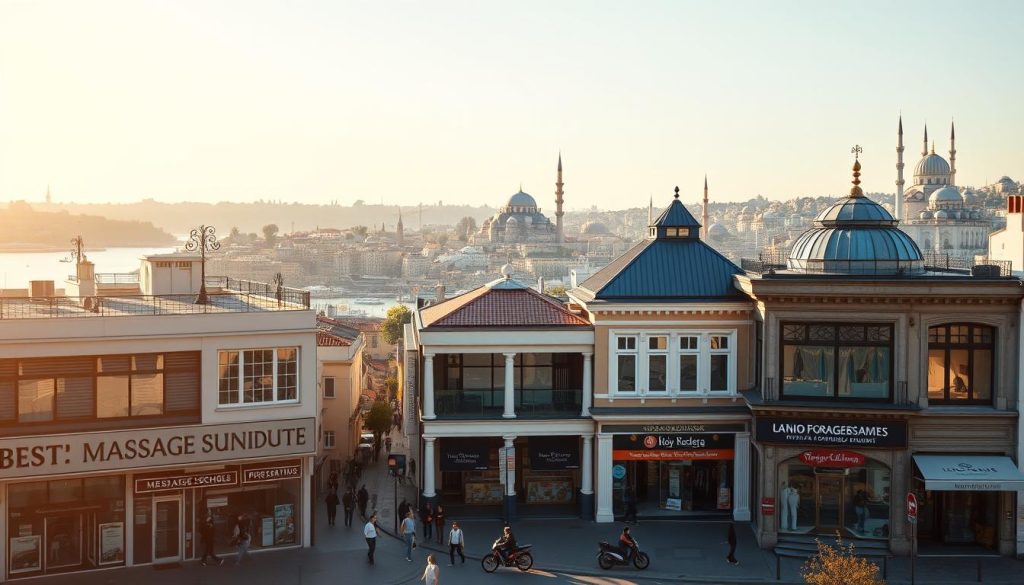 a professional photography of the best massage schools in Istanbul, Turkey, from a high-angle view. The foreground features the exterior facades of several prestigious massage training institutes, showcasing their architectural styles and signage. The middle ground depicts the bustling streets of Istanbul, with pedestrians, local shops, and vehicles. The background presents a scenic cityscape, including the iconic landmarks of the Bosphorus Strait and the historic domes and minarets of the city's skyline. The image is bathed in warm, golden sunlight, creating a welcoming and aspirational atmosphere. The overall composition highlights the vibrant, cosmopolitan nature of Istanbul's massage training industry.