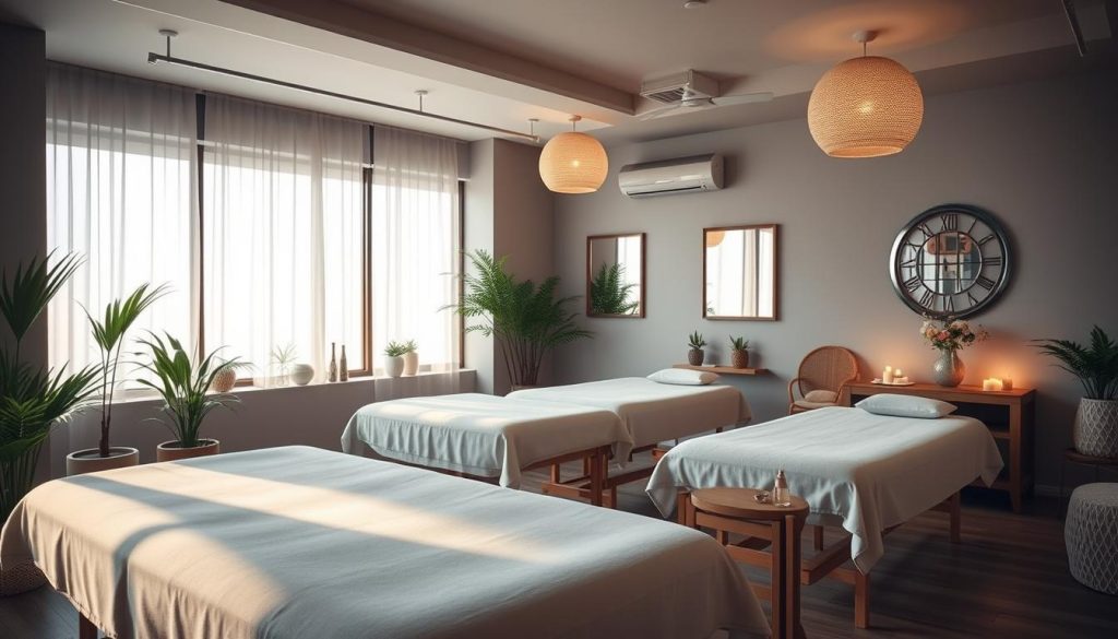 11am to 11pm, Friday Massage Salon Hours A well-lit interior of a cozy massage parlor, with soft natural lighting filtering in through large windows. Plush, inviting massage tables are positioned throughout the space, surrounded by potted plants and tranquil decor. The room exudes a calming, spa-like atmosphere, with soothing ambient music playing in the background. The scene conveys a sense of professionalism and attention to detail, reflecting the high-quality service offered at the establishment. The overall mood is relaxing and inviting, encouraging visitors to unwind and indulge in the rejuvenating massage experience.