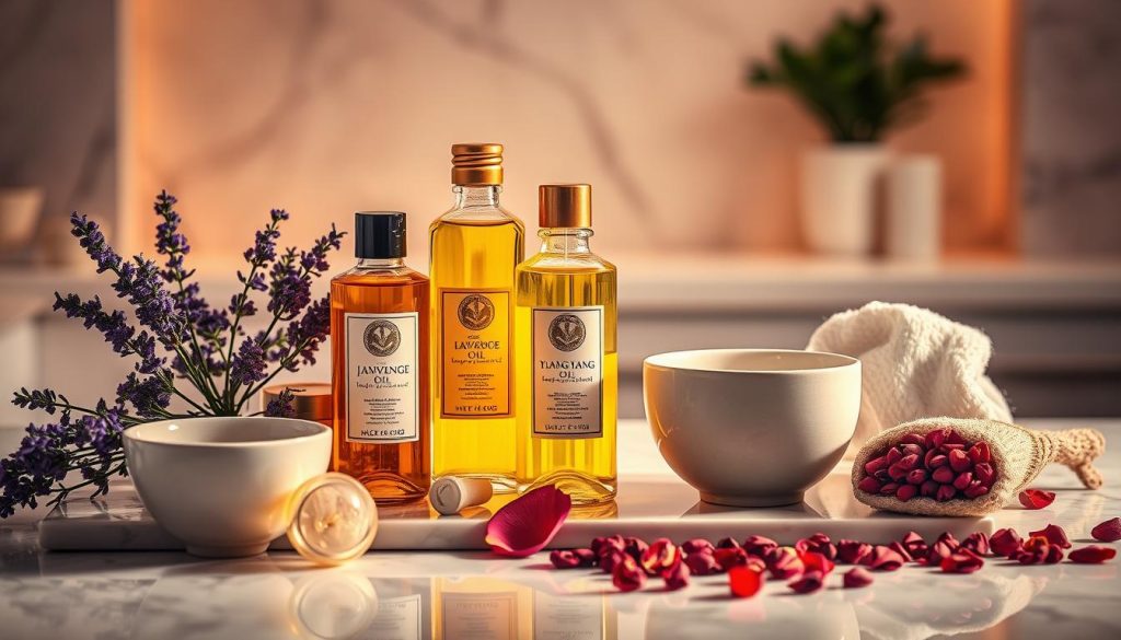 A beautifully lit still life of massage oils and accessories in an elegant Istanbul spa setting. An array of fragrant oils - lavender, jasmine, and ylang-ylang - arranged on a marble countertop, reflecting the warm, indirect lighting. Glass bottles and ceramic bowls are complemented by natural elements like a single rose petal and a handful of dried rose buds. The overall scene evokes a sense of tranquility and luxury, capturing the essence of the top massage oils recommended by Istanbul's finest therapists. A beautifully lit still life of massage oils and accessories in an elegant Istanbul spa setting. An array of fragrant oils - lavender, jasmine, and ylang-ylang - arranged on a marble countertop, reflecting the warm, indirect lighting. Glass bottles and ceramic bowls are complemented by natural elements like a single rose petal and a handful of dried rose buds. The overall scene evokes a sense of tranquility and luxury, capturing the essence of the top massage oils recommended by Istanbul's finest therapists.