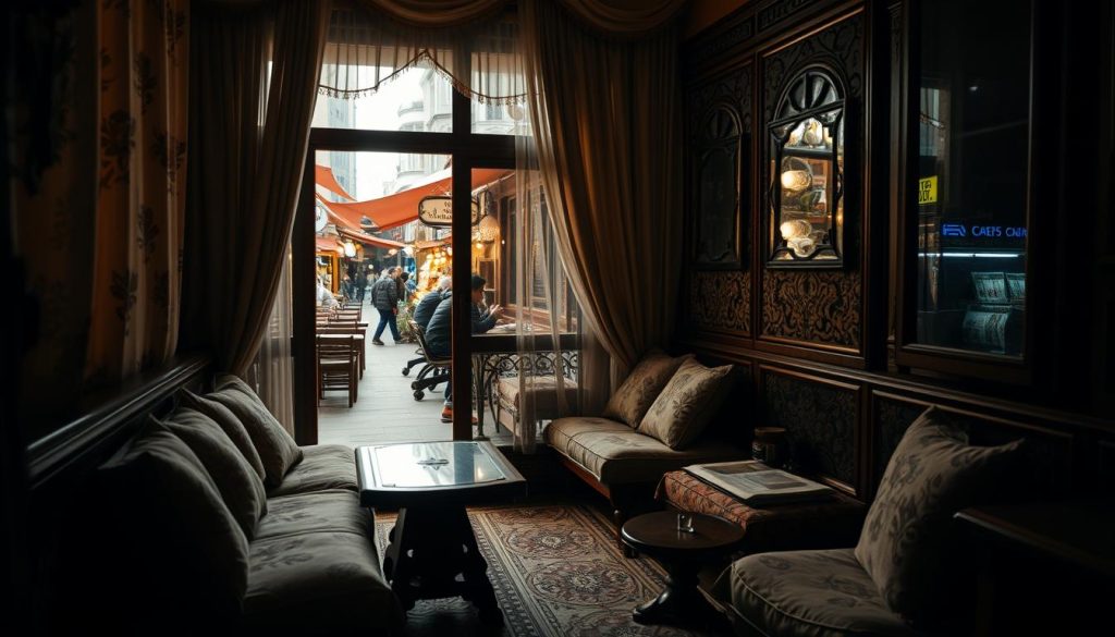 A cozy, dimly-lit Kadıköy massage parlor nestled amid the bustling markets and cafes of the Asian side. Soft lighting filters through delicate fabrics, casting a warm glow over ornate Turkish tiles and intricate woodwork. Plush cushions and low tables invite patrons to unwind, the air filled with the soothing scents of aromatic oils. In the background, the muffled sounds of the lively neighborhood create a tranquil ambiance, inviting visitors to escape the city's pulse and indulge in a moment of serene relaxation.