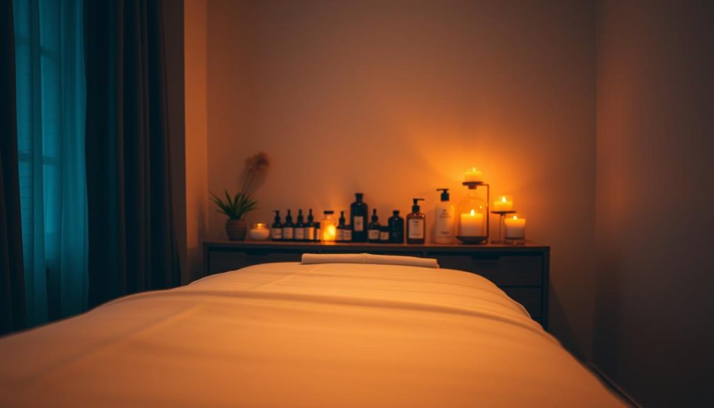 A cozy, dimly lit room in Istanbul, Turkey. In the foreground, a plush massage table draped with soft, high-quality linens. Warm, indirect lighting casts a soothing glow, creating an atmosphere of tranquility and relaxation. In the middle ground, an array of massage oils, lotions, and aromatherapy candles are neatly arranged, hinting at the personalized, luxurious experience to come. The background features neutral-toned walls and minimal decor, allowing the focus to remain on the massage setting. The overall scene conveys a sense of privacy, comfort, and the promise of a truly rejuvenating at-home massage experience in Istanbul. A cozy, dimly lit room in Istanbul, Turkey. In the foreground, a plush massage table draped with soft, high-quality linens. Warm, indirect lighting casts a soothing glow, creating an atmosphere of tranquility and relaxation. In the middle ground, an array of massage oils, lotions, and aromatherapy candles are neatly arranged, hinting at the personalized, luxurious experience to come. The background features neutral-toned walls and minimal decor, allowing the focus to remain on the massage setting. The overall scene conveys a sense of privacy, comfort, and the promise of a truly rejuvenating at-home massage experience in Istanbul.