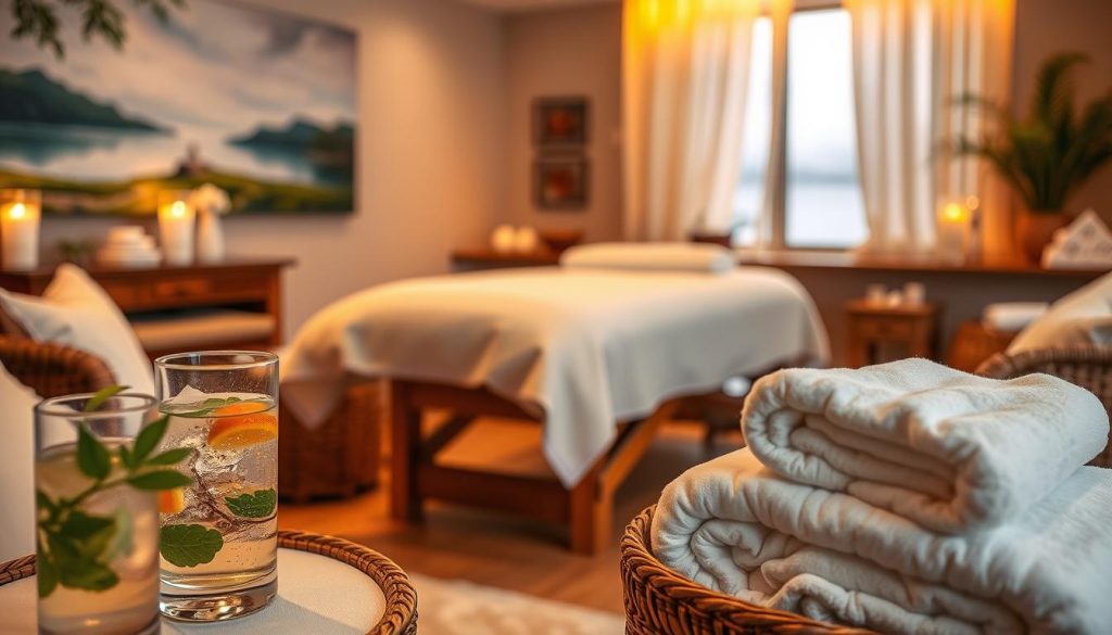 A cozy, well-appointed spa interior with plush furniture, warm lighting, and serene décor. In the foreground, a stack of fluffy white towels, a glass of infused water, and an array of pampering products. In the middle ground, a massage table draped with a soft blanket. The background features a calming landscape painting or a serene window view. Atmospheric and soothing, the scene evokes a sense of relaxation and rejuvenation, perfectly capturing the essence of planning for an indulgent spa day. A cozy, well-appointed spa interior with plush furniture, warm lighting, and serene décor. In the foreground, a stack of fluffy white towels, a glass of infused water, and an array of pampering products. In the middle ground, a massage table draped with a soft blanket. The background features a calming landscape painting or a serene window view. Atmospheric and soothing, the scene evokes a sense of relaxation and rejuvenation, perfectly capturing the essence of planning for an indulgent spa day.