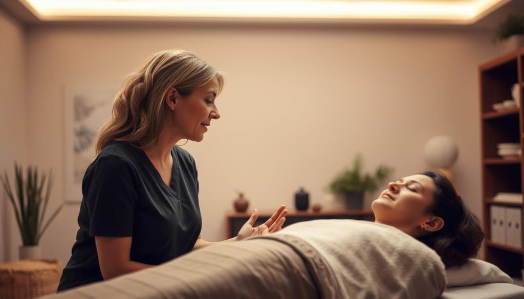 A cozy, well-lit therapy room with soft lighting and calming earth-toned colors. In the foreground, a therapist and client are engaged in deep conversation, their body language and facial expressions conveying a sense of trust, empathy, and open communication. The therapist is leaning forward, making eye contact and gesturing gently, while the client appears relaxed and attentive. In the background, there are subtle decorative elements like plants, artwork, or a bookshelf, creating a serene and professional atmosphere. The scene captures the essence of effective therapist-client communication, a key element of a great massage experience.