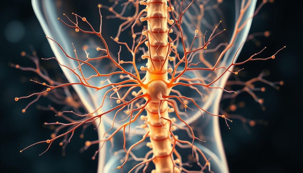 A detailed cross-section of the human nervous system, depicting the intricate network of neurons, synapses, and neural pathways. The image should have a calming, serene atmosphere, highlighting the soothing effects of massage on the nervous system. Soft, warm lighting illuminates the delicate structures, creating a sense of tranquility. The composition should focus on the middle ground, with the spinal cord and brain stem as the central elements, surrounded by the intricate web of nerves branching out. The background should be subtly blurred, emphasizing the complexity and interconnectedness of the nervous system. The overall tone should convey the science of relaxation and the restorative power of massage on the body's control center. A detailed cross-section of the human nervous system, depicting the intricate network of neurons, synapses, and neural pathways. The image should have a calming, serene atmosphere, highlighting the soothing effects of massage on the nervous system. Soft, warm lighting illuminates the delicate structures, creating a sense of tranquility. The composition should focus on the middle ground, with the spinal cord and brain stem as the central elements, surrounded by the intricate web of nerves branching out. The background should be subtly blurred, emphasizing the complexity and interconnectedness of the nervous system. The overall tone should convey the science of relaxation and the restorative power of massage on the body's control center.