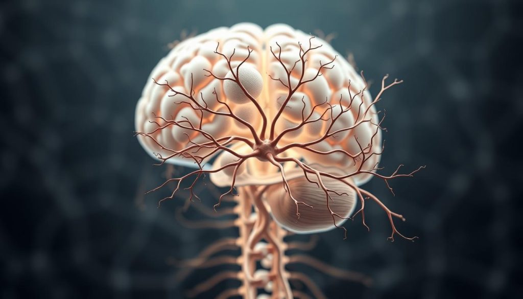 A detailed cross-section of the human nervous system, showcasing the intricate network of neurons, synapses, and pathways that regulate the body's responses to stress. The image should depict the central nervous system (brain and spinal cord) in the background, with the peripheral nervous system (nerves and ganglia) in the foreground. Render the various components in a highly technical, scientific style, using a neutral color palette with muted tones to convey the complex, internal nature of the subject matter. Incorporate subtle lighting and depth-of-field to emphasize the depth and interconnectedness of the nervous system. The overall mood should be one of contemplative, scientific exploration, without any distracting elements or text.