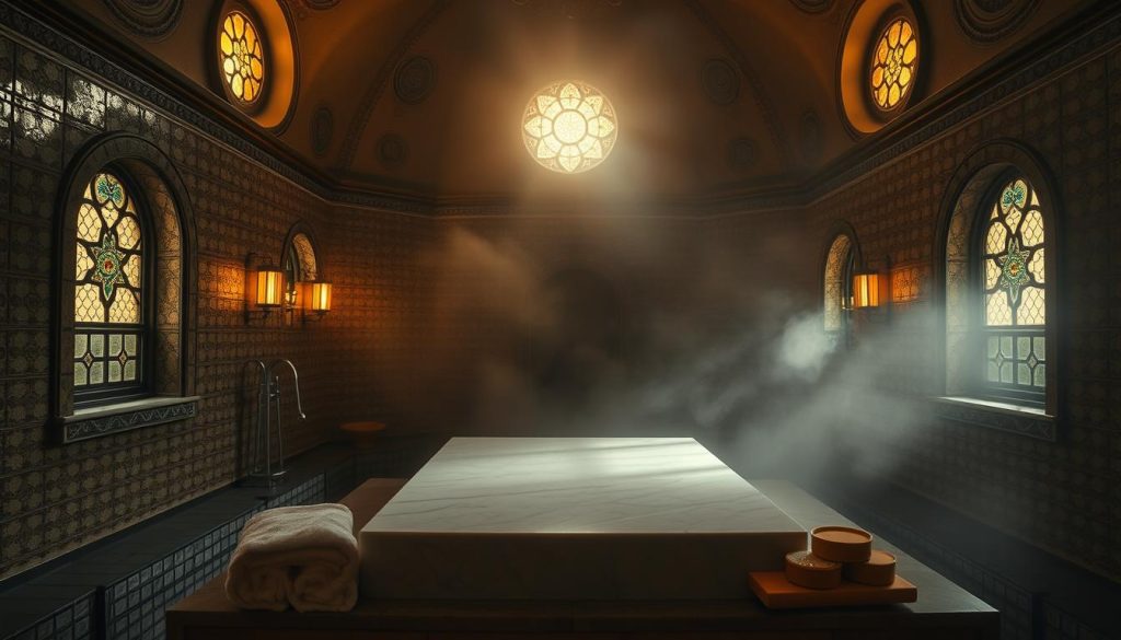 A dimly lit, atmospheric Turkish bath chamber with intricate tiled walls and domed ceilings. Warm, diffused lighting filters through stained glass windows, casting a golden glow across the steamy, misty air. In the center, a large, heated marble slab stands as the focal point, inviting visitors to relax and unwind. Plush, fluffy towels and aromatic soaps rest nearby, hinting at the luxurious pampering to come. The space exudes a sense of timeless tradition, transporting the viewer to the soothing, rejuvenating experience of a classic Turkish hamam.