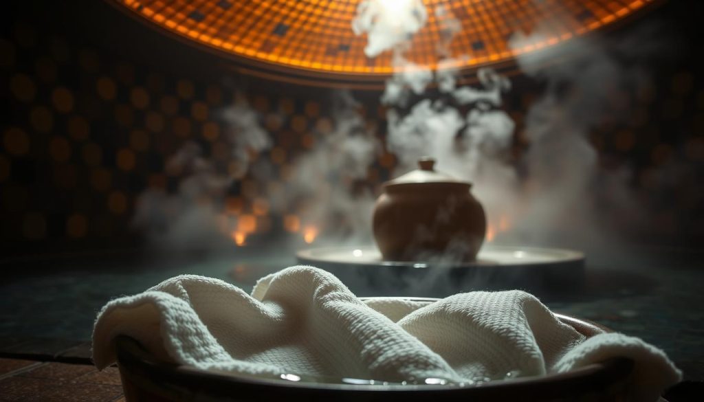 A dimly lit, atmospheric scene of a traditional Turkish bath ritual. In the foreground, a plush, supple kese scrub cloth lies in a shallow basin, glistening with fragrant massage oil. The middle ground features a terracotta vessel overflowing with steaming water, billowing aromatic steam. In the background, a tiled, domed ceiling casts a warm, amber glow, evoking the ancient, tranquil ambiance of an Istanbul hammam. Soft, diffuse lighting illuminates the scene, creating a sense of relaxation and sensory indulgence. The overall mood is one of timeless, luxurious self-care. A dimly lit, atmospheric scene of a traditional Turkish bath ritual. In the foreground, a plush, supple kese scrub cloth lies in a shallow basin, glistening with fragrant massage oil. The middle ground features a terracotta vessel overflowing with steaming water, billowing aromatic steam. In the background, a tiled, domed ceiling casts a warm, amber glow, evoking the ancient, tranquil ambiance of an Istanbul hammam. Soft, diffuse lighting illuminates the scene, creating a sense of relaxation and sensory indulgence. The overall mood is one of timeless, luxurious self-care.