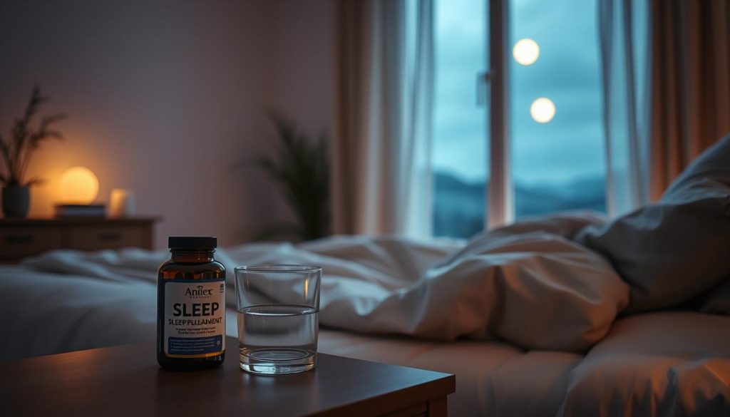 A dimly lit bedroom with a serene, calming atmosphere. In the foreground, a bedside table holds a bottle of sleep supplement and a glass of water, hinting at the natural, evidence-based remedies for anxiety and restlessness. The middle ground features a luxurious, plush bedding in soft, muted tones, inviting relaxation. In the background, a window reveals a tranquil moonlit landscape, reflecting the overall sense of peacefulness and repose. Soft, warm lighting illuminates the scene, creating a soothing, therapeutic ambiance that alleviates the tension of anxiety and promotes restful sleep.