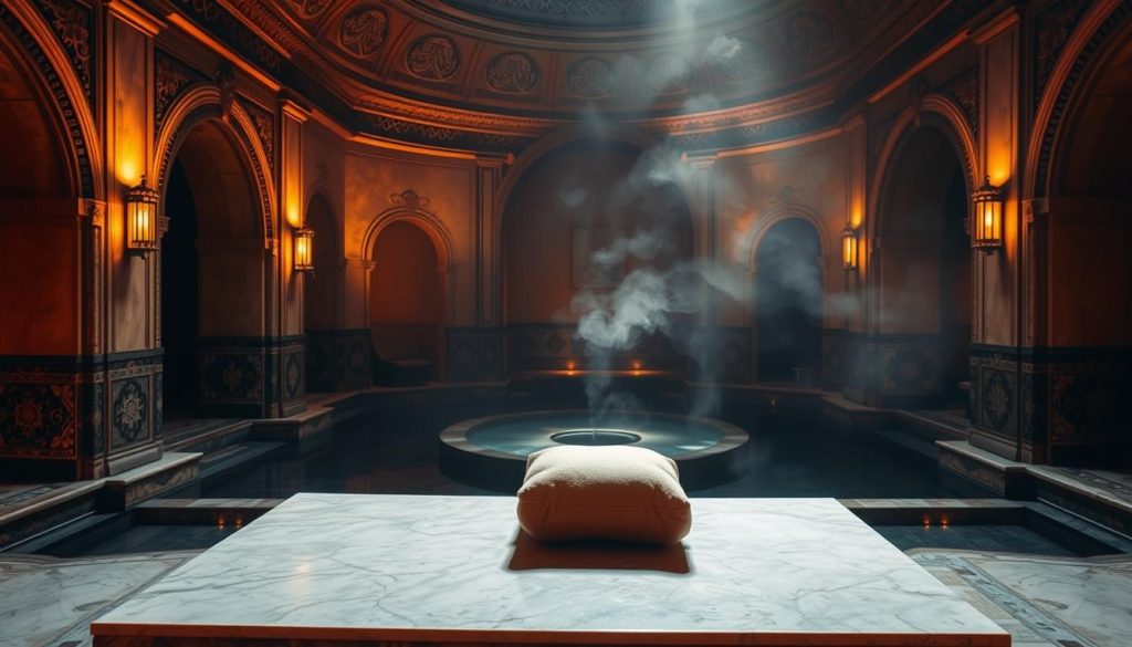 A dimly lit, cozy hammam interior bathed in warm, golden light. In the foreground, a raised marble platform with a reclined, cushioned chaise, inviting visitors to recline and unwind. Surrounding the platform, intricate architectural details - arched doorways, decorative tiles, and domed ceilings - create a serene, calming ambiance. In the middle ground, a centrally-placed, sunken plunge pool, its reflective surface mirroring the ornate surroundings. The background features a hazy, steam-filled atmosphere, adding to the sense of tranquility and relaxation. Overall, the image conveys the essence of a traditional Turkish hammam, where one can escape the bustling city and indulge in a rejuvenating, holistic wellness experience. A dimly lit, cozy hammam interior bathed in warm, golden light. In the foreground, a raised marble platform with a reclined, cushioned chaise, inviting visitors to recline and unwind. Surrounding the platform, intricate architectural details - arched doorways, decorative tiles, and domed ceilings - create a serene, calming ambiance. In the middle ground, a centrally-placed, sunken plunge pool, its reflective surface mirroring the ornate surroundings. The background features a hazy, steam-filled atmosphere, adding to the sense of tranquility and relaxation. Overall, the image conveys the essence of a traditional Turkish hammam, where one can escape the bustling city and indulge in a rejuvenating, holistic wellness experience.