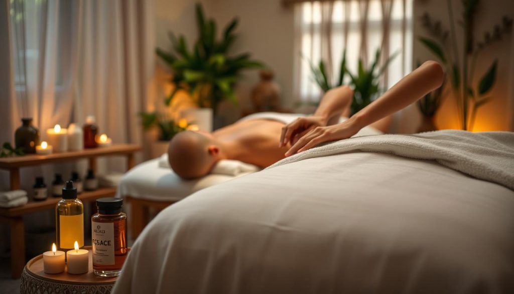 A dimly lit massage studio in Kadıköy, with soft, warm lighting casting a serene glow over the scene. In the foreground, a massage table with pristine white linens, surrounded by an array of therapeutic oils and lotions. In the middle ground, the masseuse's hands gently kneading and manipulating the muscles, using a variety of techniques such as Swedish, deep tissue, and aromatherapy. The background features calming, natural elements like potted plants and bamboo accents, creating a tranquil, spa-like atmosphere. A dimly lit massage studio in Kadıköy, with soft, warm lighting casting a serene glow over the scene. In the foreground, a massage table with pristine white linens, surrounded by an array of therapeutic oils and lotions. In the middle ground, the masseuse's hands gently kneading and manipulating the muscles, using a variety of techniques such as Swedish, deep tissue, and aromatherapy. The background features calming, natural elements like potted plants and bamboo accents, creating a tranquil, spa-like atmosphere.