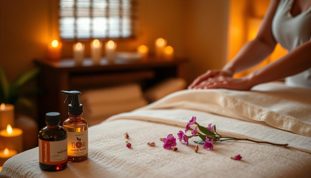 A dimly lit massage studio, warm candlelight casting a soft glow. On a plush massage table, crisp white linens and a scatter of fragrant flowers. Bottles of aromatic oils await, their labels promising relaxation and renewal. The therapist's skilled hands gently kneading tense muscles, easing away the stresses of the day. An atmosphere of tranquility and rejuvenation, enveloping the senses in a cocoon of peace. A serene, spa-like scene, capturing the essence of a restorative massage experience. A dimly lit massage studio, warm candlelight casting a soft glow. On a plush massage table, crisp white linens and a scatter of fragrant flowers. Bottles of aromatic oils await, their labels promising relaxation and renewal. The therapist's skilled hands gently kneading tense muscles, easing away the stresses of the day. An atmosphere of tranquility and rejuvenation, enveloping the senses in a cocoon of peace. A serene, spa-like scene, capturing the essence of a restorative massage experience.