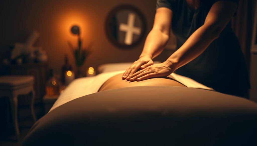 A dimly lit room with warm, soft lighting casting a serene, therapeutic atmosphere. In the foreground, a massage table draped with plush linens and an array of massage oils and tools. The middle ground features a skilled massage therapist's hands kneading and manipulating deep muscle tissue, their movements purposeful and soothing. The background is blurred, emphasizing the focus on the massage experience. The overall scene evokes a sense of relaxation, rejuvenation, and a heightened state of well-being.
