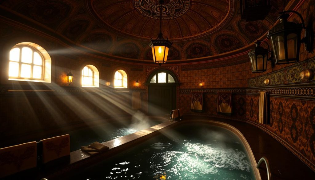 A dimly lit, traditional Turkish bathhouse (hamam) with ornate, domed ceilings and intricate tile work. Warm, golden light filters in through small windows, casting a serene, ambient glow. Sunlight glistens on the tranquil, steaming pools of water. Plush, patterned fabrics hang from the walls, adding to the cozy, relaxing atmosphere. Ornamental lanterns and fixtures adorn the space, evoking a timeless, historic ambiance. The scene exudes a sense of authentic, cultural immersion, transporting the viewer to the heart of a centuries-old Turkish bathing experience.