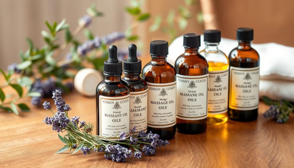 A finely curated collection of massage oils arranged on a warm wooden surface, with a harmonious blend of natural ingredients such as lavender, rosemary, and eucalyptus. The oils are presented in elegant glass bottles, reflecting the soft, diffused lighting that creates a soothing and tranquil atmosphere. In the background, a subtle hint of greenery and natural textures add depth and a sense of calm. The overall composition conveys a thoughtful, holistic approach to addressing various massage needs, from soothing sore muscles to nourishing dry skin. A finely curated collection of massage oils arranged on a warm wooden surface, with a harmonious blend of natural ingredients such as lavender, rosemary, and eucalyptus. The oils are presented in elegant glass bottles, reflecting the soft, diffused lighting that creates a soothing and tranquil atmosphere. In the background, a subtle hint of greenery and natural textures add depth and a sense of calm. The overall composition conveys a thoughtful, holistic approach to addressing various massage needs, from soothing sore muscles to nourishing dry skin.