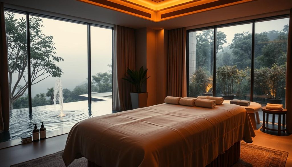 A luxurious, dimly lit wellness suite bathed in warm, ambient lighting. In the foreground, an opulent massage table draped in plush linens, flanked by neatly arranged bottles of essential oils and towels. The middle ground features a serene water feature, its gentle sounds creating a calming atmosphere. The background showcases floor-to-ceiling windows, offering a breathtaking view of a lush, tranquil garden. Soft, muted colors and a sense of exclusivity and refinement permeate the scene, inviting the viewer to indulge in an elevated, spa-like wellness experience.