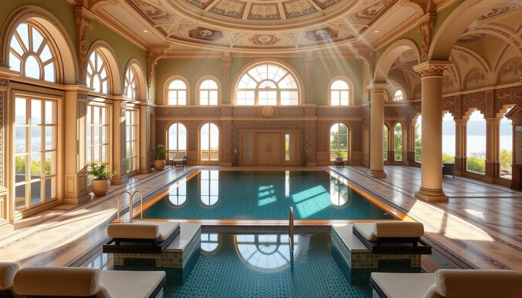 A magnificent, palatial wellness center nestled within the historic Çırağan Palace Kempinski, Istanbul. Sunlight streams through grand arched windows, casting a warm glow over the opulent Turkish bath and infinity pool overlooking the Bosphorus. Intricate tile mosaics and ornate columns evoke the grandeur of the Ottoman era. Plush lounge chairs beckon guests to unwind in the serene, atmospheric space, as a gentle breeze rustles the lush greenery surrounding the outdoor terrace. Luxurious spa treatments and traditional bathing rituals await, promising a truly restorative and indulgent wellness experience.