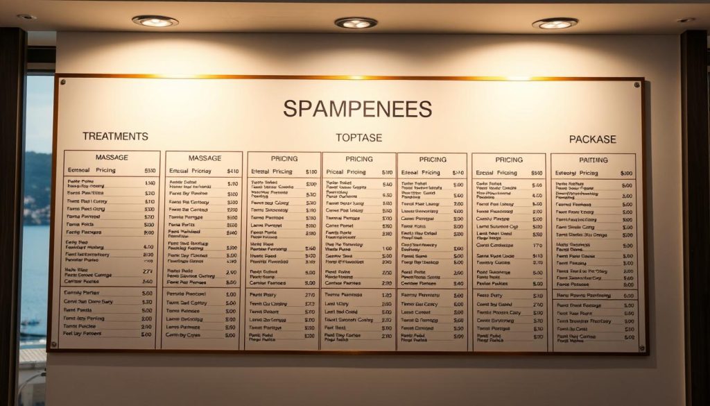 A neatly organized display of massage service prices, showcased against a serene backdrop of the Anatolian coastline. Overhead lighting gently illuminates a tidy grid of pricing information, allowing easy comparison of various treatments and packages. The scene exudes a sense of professionalism and transparency, inviting potential customers to explore the range of options available. The composition emphasizes the key details, guiding the viewer's attention to the relevant information while maintaining a visually appealing and cohesive aesthetic. The overall mood is one of clarity, accessibility, and the promise of a rejuvenating spa experience on the Anatolian side.