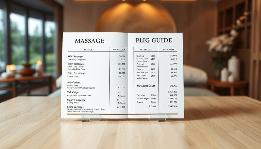 A neatly organized price guide for massage services, showcasing a range of packages and their corresponding costs. The guide is presented on a polished, light-colored wooden surface, with a minimal, elegant design. Soft, warm lighting illuminates the guide, creating a soothing and inviting atmosphere. The background features a blurred, out-of-focus view of a serene massage studio, hinting at the tranquil ambiance. The guide itself is rendered in a clean, legible typeface, with each service and price clearly delineated, allowing the viewer to easily comprehend the offered options. The overall composition conveys a sense of professionalism, attention to detail, and a commitment to providing value and transparency to potential clients.