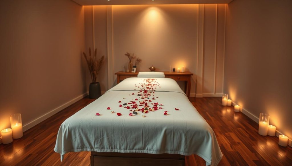 A peaceful, dimly lit studio filled with the calming aroma of essential oils. Soft ambient lighting casts a warm glow over the tranquil scene. A sleek massage table, draped in luxurious linens, stands in the center, ready to provide a soothing escape. Delicate flower petals are scattered across the surface, adding a touch of natural elegance. Flickering candles line the perimeter, their gentle flames reflecting off the polished wooden floors. The atmosphere is serene and inviting, inviting the viewer to surrender to the restorative power of aromatherapy massage. A peaceful, dimly lit studio filled with the calming aroma of essential oils. Soft ambient lighting casts a warm glow over the tranquil scene. A sleek massage table, draped in luxurious linens, stands in the center, ready to provide a soothing escape. Delicate flower petals are scattered across the surface, adding a touch of natural elegance. Flickering candles line the perimeter, their gentle flames reflecting off the polished wooden floors. The atmosphere is serene and inviting, inviting the viewer to surrender to the restorative power of aromatherapy massage.