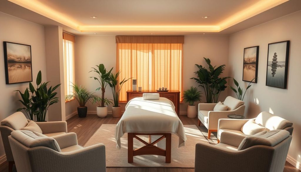 A peaceful, well-appointed massage studio with soft, ambient lighting and soothing neutral tones. The massage table is centered, surrounded by potted plants and tranquil artwork on the walls. Plush, ergonomic seating for clients lines the perimeter, creating a welcoming and relaxing atmosphere. The room is bathed in warm, natural light filtering through large windows, conveying a sense of openness and tranquility. The overall scene evokes a serene, restorative experience for the client.