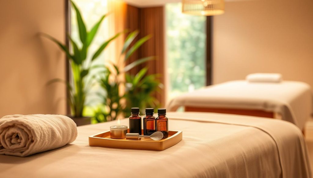A pristine massage parlor interior, bathed in warm, soft lighting. The foreground showcases a neatly folded towel, a tray of essential oils, and an array of sanitized, gleaming tools. The middle ground features a polished, spotless massage table, inviting and meticulously maintained. In the background, a tranquil scene of lush, verdant plants and soothing colors creates a calming, spa-like ambiance. The overall atmosphere conveys a strong emphasis on cleanliness, hygiene, and attention to detail - essential elements of a high-quality massage experience.