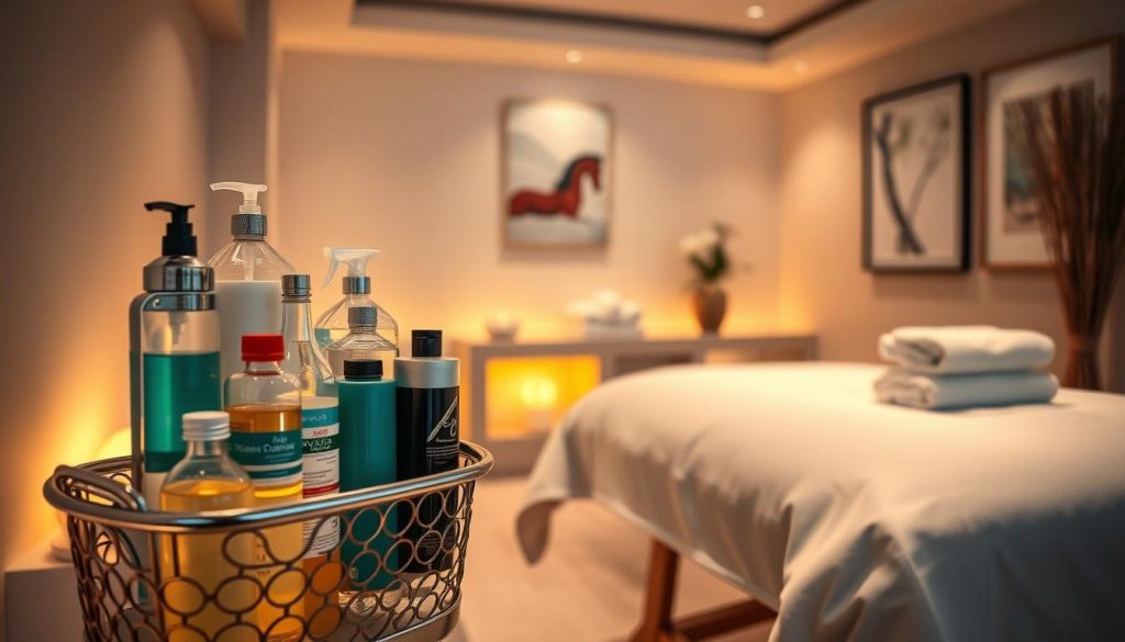 A pristine, well-appointed massage parlor interior, bathed in warm, soft lighting. The foreground features a gleaming, well-stocked caddy of professional massage oils, lotions, and sanitizing supplies. The middle ground showcases a neatly made massage table draped in crisp white linens, with an array of fresh, plush towels nearby. The background depicts a serene, calming ambiance with neutral-toned walls and soothing artwork. The overall scene conveys a sense of absolute cleanliness, order, and attention to detail - instilling a feeling of trust, comfort, and relaxation. A pristine, well-appointed massage parlor interior, bathed in warm, soft lighting. The foreground features a gleaming, well-stocked caddy of professional massage oils, lotions, and sanitizing supplies. The middle ground showcases a neatly made massage table draped in crisp white linens, with an array of fresh, plush towels nearby. The background depicts a serene, calming ambiance with neutral-toned walls and soothing artwork. The overall scene conveys a sense of absolute cleanliness, order, and attention to detail - instilling a feeling of trust, comfort, and relaxation.