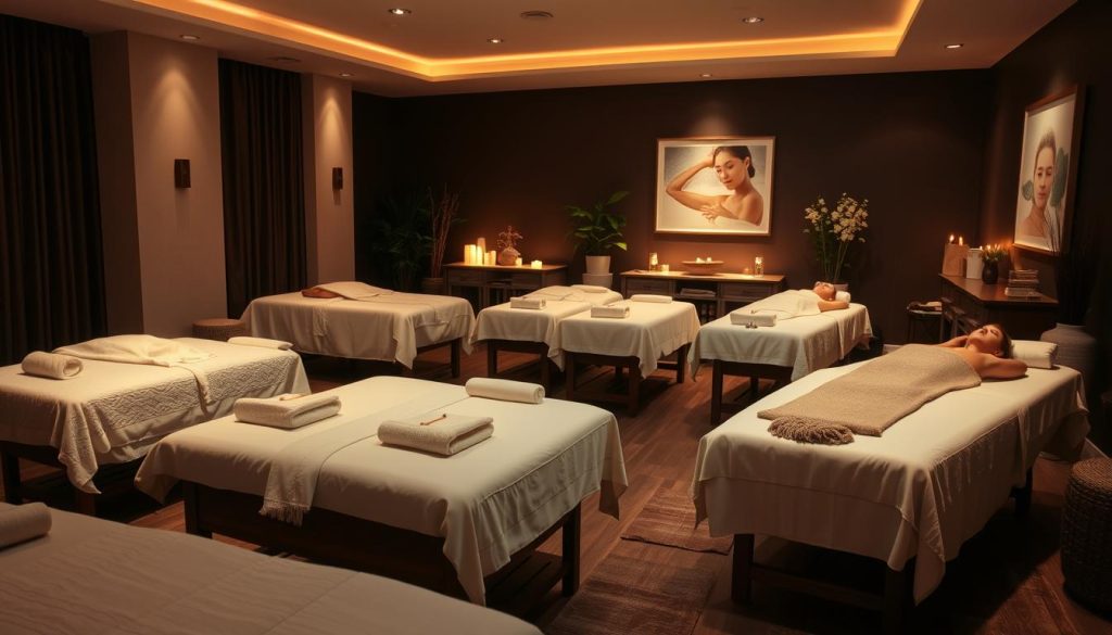 A relaxing massage parlor interior with a variety of massage stations featuring different massage techniques, such as Swedish, deep tissue, hot stone, and aromatherapy. The room is dimly lit with soft, warm lighting, creating a calming ambiance. Plush massage tables are arranged in the foreground, with various massage tools and oils visible. In the middle ground, massage therapists are seen performing soothing techniques on clients. The background features soothing decor elements like potted plants, candles, and serene artwork. The overall scene conveys a sense of tranquility and rejuvenation. A relaxing massage parlor interior with a variety of massage stations featuring different massage techniques, such as Swedish, deep tissue, hot stone, and aromatherapy. The room is dimly lit with soft, warm lighting, creating a calming ambiance. Plush massage tables are arranged in the foreground, with various massage tools and oils visible. In the middle ground, massage therapists are seen performing soothing techniques on clients. The background features soothing decor elements like potted plants, candles, and serene artwork. The overall scene conveys a sense of tranquility and rejuvenation.