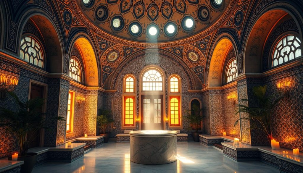 A serene Turkish hamam (bathhouse) interior, bathed in warm, golden light filtering through ornate domed ceilings and arched windows. Intricate tilework in shades of blue and white line the walls, creating a soothing, calming atmosphere. A large, central marble plinth stands as the centerpiece, surrounded by smaller alcoves and massage areas. Lush, verdant potted plants and candlelight add to the tranquil, rejuvenating ambiance. The scene evokes a timeless, luxurious spa experience, transporting the viewer to the heart of Istanbul's historic European side.