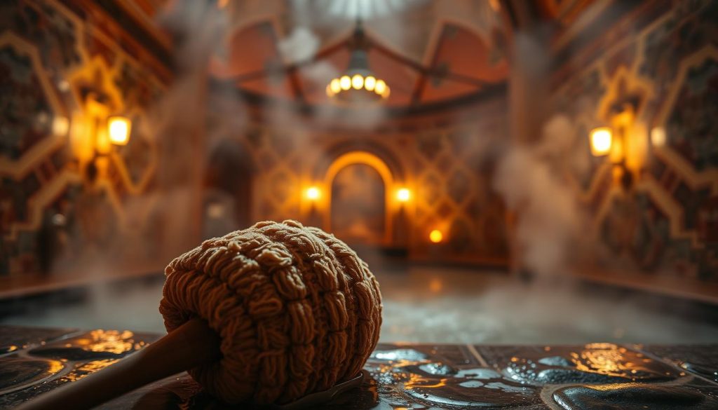 A serene and tranquil image of a traditional Turkish kese scrub in a dimly lit, cozy hamam setting. The foreground features the kese scrub itself, a rough, natural fiber mitt used for exfoliating the skin. The middle ground showcases the steamy, atmospheric environment of the hamam, with warm, ambient lighting casting a soft, golden glow. The background depicts the ornate, tiled walls and domed ceilings characteristic of historical Turkish bathing houses. The overall mood is one of relaxation, rejuvenation, and cultural immersion, perfectly capturing the essence of the "Hamam Ritual on the European Side" experience.