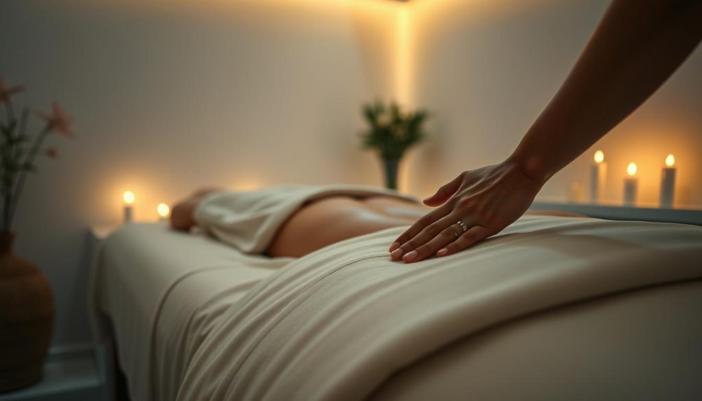 A serene, dimly lit massage studio in Istanbul, with soft ambient lighting casting a warm glow over a plush massage table draped in crisp white linens. The room is filled with the soothing scent of aromatic oils, and the gentle sound of calming music plays in the background. In the foreground, a massage therapist's hands, with long, graceful fingers, gently kneading and soothing the muscles of a relaxed client, their face obscured but exuding a sense of deep tranquility. The atmosphere is one of total calm and restoration, transporting the viewer to a state of deep relaxation. A serene, dimly lit massage studio in Istanbul, with soft ambient lighting casting a warm glow over a plush massage table draped in crisp white linens. The room is filled with the soothing scent of aromatic oils, and the gentle sound of calming music plays in the background. In the foreground, a massage therapist's hands, with long, graceful fingers, gently kneading and soothing the muscles of a relaxed client, their face obscured but exuding a sense of deep tranquility. The atmosphere is one of total calm and restoration, transporting the viewer to a state of deep relaxation.