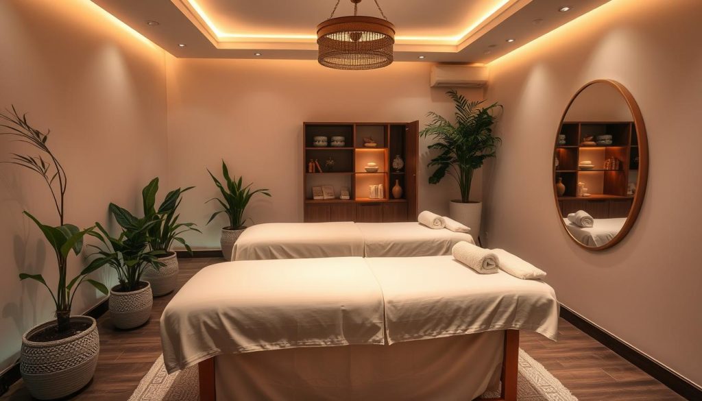 A serene massage studio nestled in the heart of Istanbul's Anatolian side, bathed in warm, diffused lighting that creates a soothing ambiance. Plush, inviting massage tables adorned with crisp linens stand ready, surrounded by lush potted plants and subtle Anatolian-inspired decor. Soft, natural textures and muted, earthy tones evoke a sense of tranquility, while strategically placed mirrors reflect the calming atmosphere. A hint of aromatherapy oils wafts through the air, contributing to an overall experience of pure relaxation and rejuvenation.