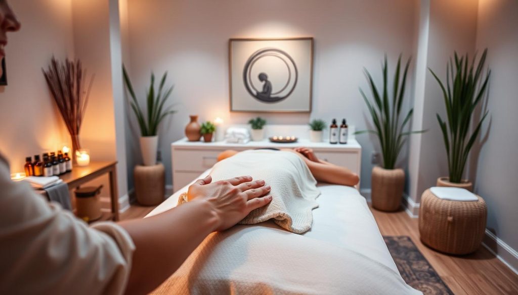 A serene massage therapy studio with soft lighting and calming ambiance. In the foreground, a professional massage therapist's hands kneading and soothing the muscles of a client lying on a plush massage table. The middle ground features an assortment of essential oils, towels, and other massage accessories neatly arranged. The background showcases a tranquil, minimalist décor with natural elements like potted plants and a zen-inspired wall art piece. The overall atmosphere evokes a sense of relaxation, rejuvenation, and healing. A serene massage therapy studio with soft lighting and calming ambiance. In the foreground, a professional massage therapist's hands kneading and soothing the muscles of a client lying on a plush massage table. The middle ground features an assortment of essential oils, towels, and other massage accessories neatly arranged. The background showcases a tranquil, minimalist décor with natural elements like potted plants and a zen-inspired wall art piece. The overall atmosphere evokes a sense of relaxation, rejuvenation, and healing.