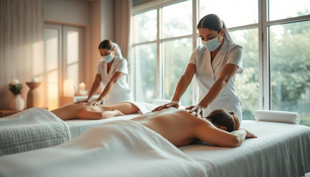 A serene spa setting with two skilled massage therapists in pristine white uniforms, their faces obscured, performing therapeutic techniques on a relaxed client. Soft natural lighting filters through large windows, casting a warm glow. Plush massage tables and calming decor evoke a sense of tranquility and wellness. The therapists' movements are precise and confident, showcasing their expertise in soothing aches and relieving tension. An atmosphere of harmony and healing permeates the scene, inviting the viewer to imagine the restorative experience. A serene spa setting with two skilled massage therapists in pristine white uniforms, their faces obscured, performing therapeutic techniques on a relaxed client. Soft natural lighting filters through large windows, casting a warm glow. Plush massage tables and calming decor evoke a sense of tranquility and wellness. The therapists' movements are precise and confident, showcasing their expertise in soothing aches and relieving tension. An atmosphere of harmony and healing permeates the scene, inviting the viewer to imagine the restorative experience.