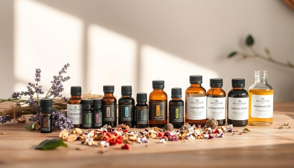 A serene still life arrangement showcasing an assortment of therapeutic essential oils and aromatherapy blends. Foreground features a collection of glass bottles and vials containing botanical oils like lavender, jasmine, and sandalwood, arranged on a wooden surface with soft natural lighting. Midground includes a scattering of dried flowers, leaves, and herbs to complement the oils. Background is a minimalist studio setting with muted, earthy tones creating a calming, spa-like ambiance. Overall, the scene evokes a sense of tranquility, inviting the viewer to experience the restorative power of aromatherapy. A serene still life arrangement showcasing an assortment of therapeutic essential oils and aromatherapy blends. Foreground features a collection of glass bottles and vials containing botanical oils like lavender, jasmine, and sandalwood, arranged on a wooden surface with soft natural lighting. Midground includes a scattering of dried flowers, leaves, and herbs to complement the oils. Background is a minimalist studio setting with muted, earthy tones creating a calming, spa-like ambiance. Overall, the scene evokes a sense of tranquility, inviting the viewer to experience the restorative power of aromatherapy.