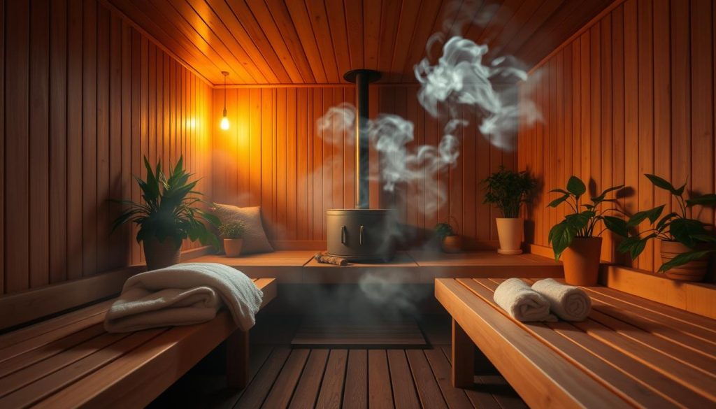 A serene, well-appointed sauna interior bathed in warm, golden light. The wooden benches and walls exude a natural, earthy ambiance, while a large, central sauna stove radiates a gentle, soothing heat. Wisps of steam curl through the air, creating a hazy, tranquil atmosphere. The scene is complemented by lush greenery and potted plants, evoking a sense of botanical wellness. Plush towels and robes are neatly arranged, inviting visitors to relax and unwind. The camera captures the scene from a low, intimate angle, emphasizing the cozy, rejuvenating atmosphere of the sauna space. A serene, well-appointed sauna interior bathed in warm, golden light. The wooden benches and walls exude a natural, earthy ambiance, while a large, central sauna stove radiates a gentle, soothing heat. Wisps of steam curl through the air, creating a hazy, tranquil atmosphere. The scene is complemented by lush greenery and potted plants, evoking a sense of botanical wellness. Plush towels and robes are neatly arranged, inviting visitors to relax and unwind. The camera captures the scene from a low, intimate angle, emphasizing the cozy, rejuvenating atmosphere of the sauna space.